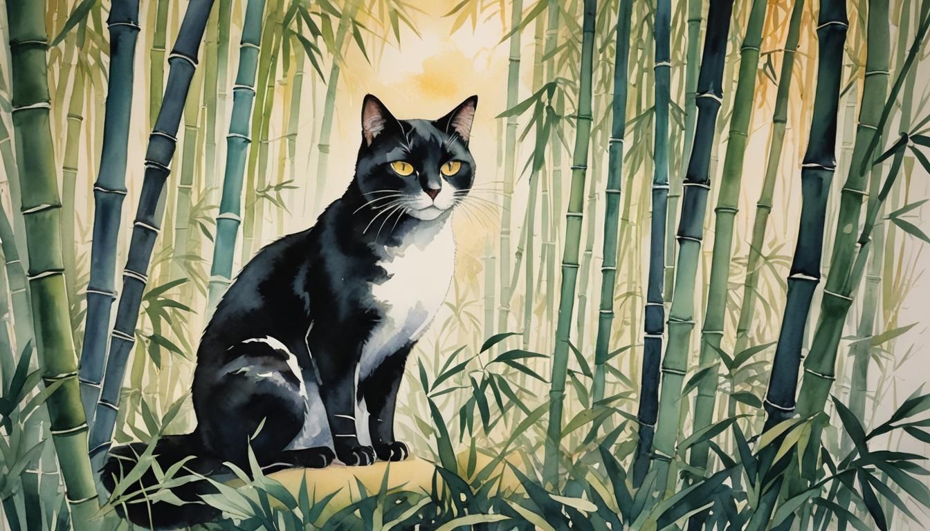 Cats in Bamboo Forest: Mokuhanga Watercolor Painting