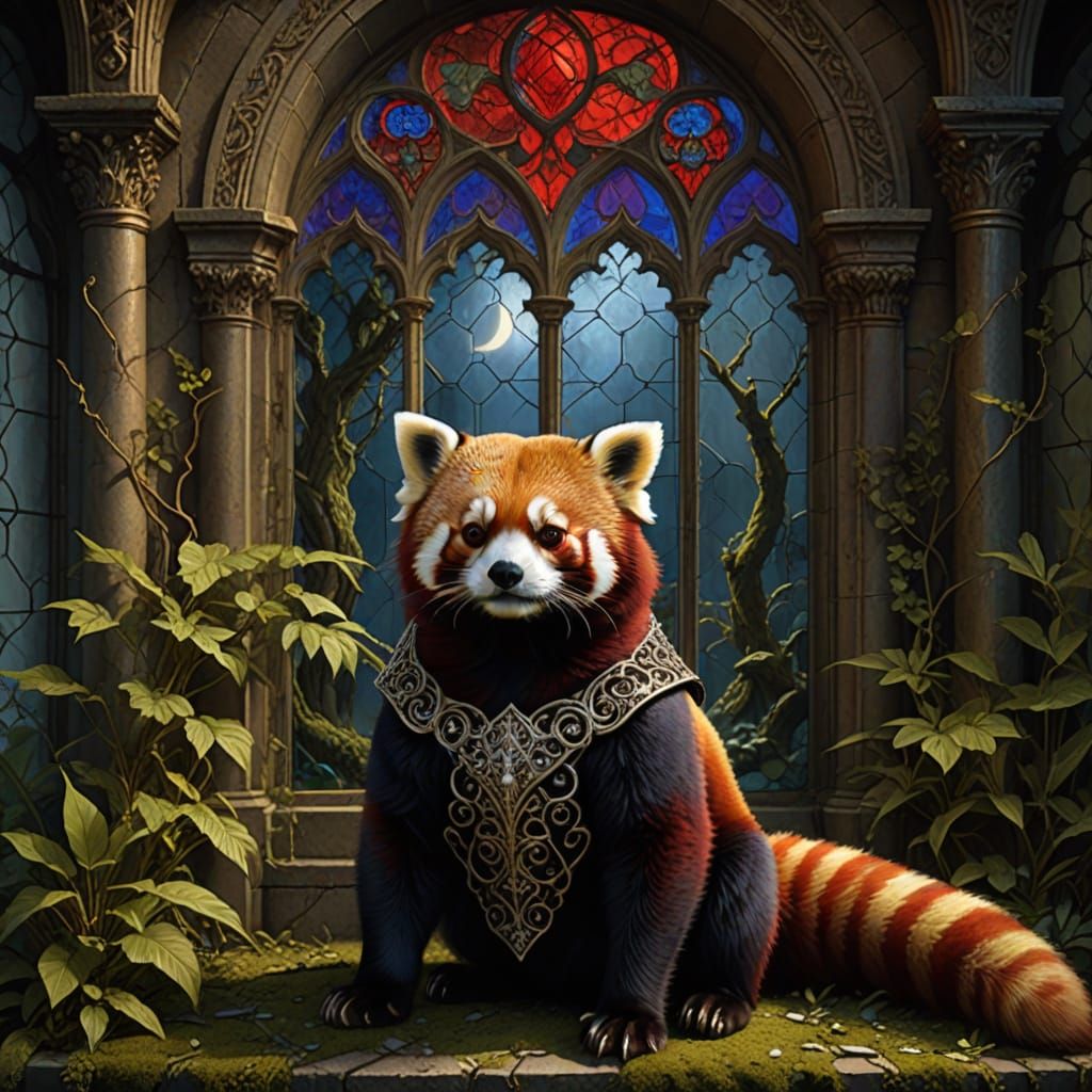 Regal Red Panda in Gothic Ruin