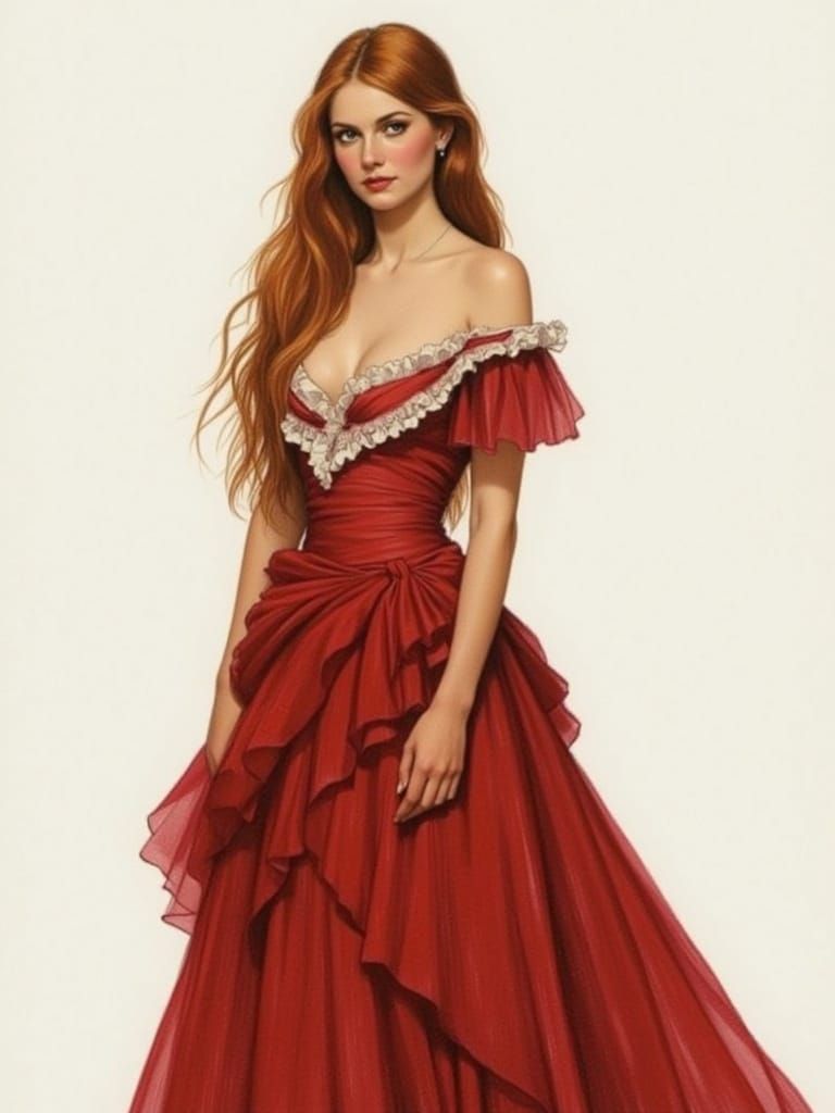 Pre-Raphaelite Portrait of Woman in Red Gown