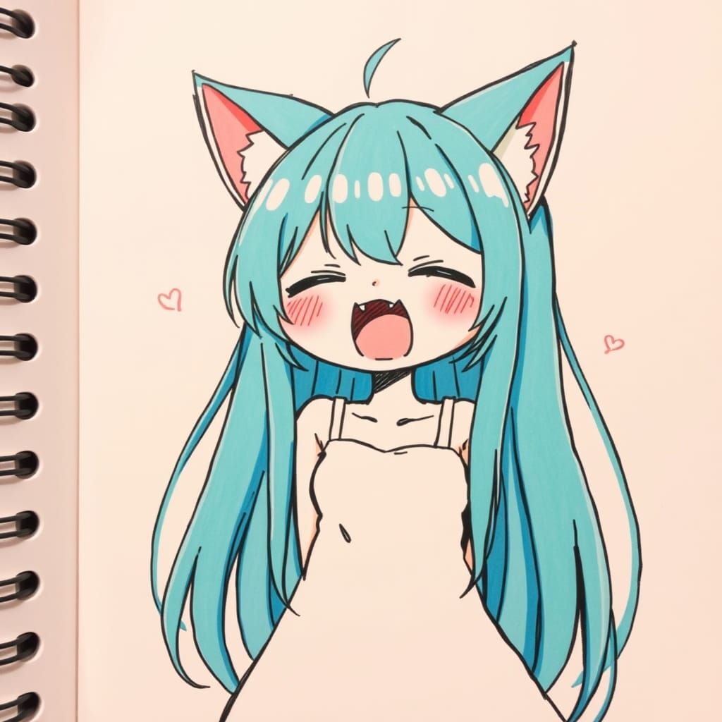 Anime Catgirl Yawns Adorably: Marker Drawing