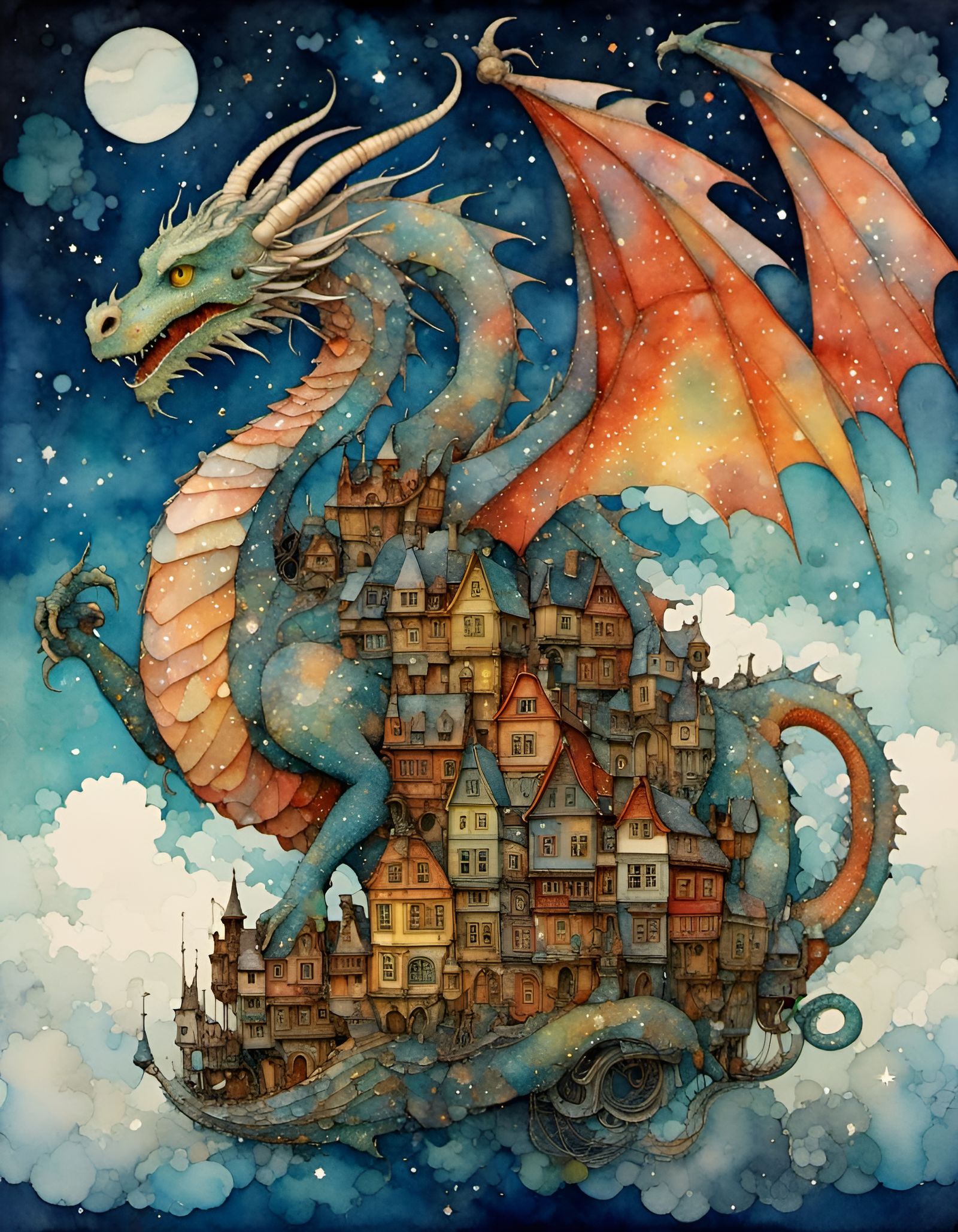 Dragon City on Back, Expressionist Alcohol Ink Art