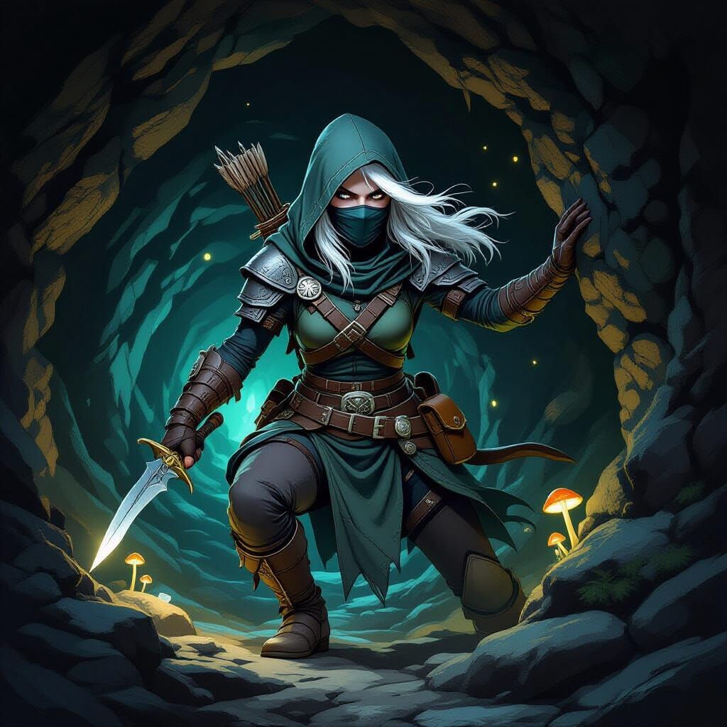 Dark Elf Scout in Cave, Comic Dark Fantasy Style