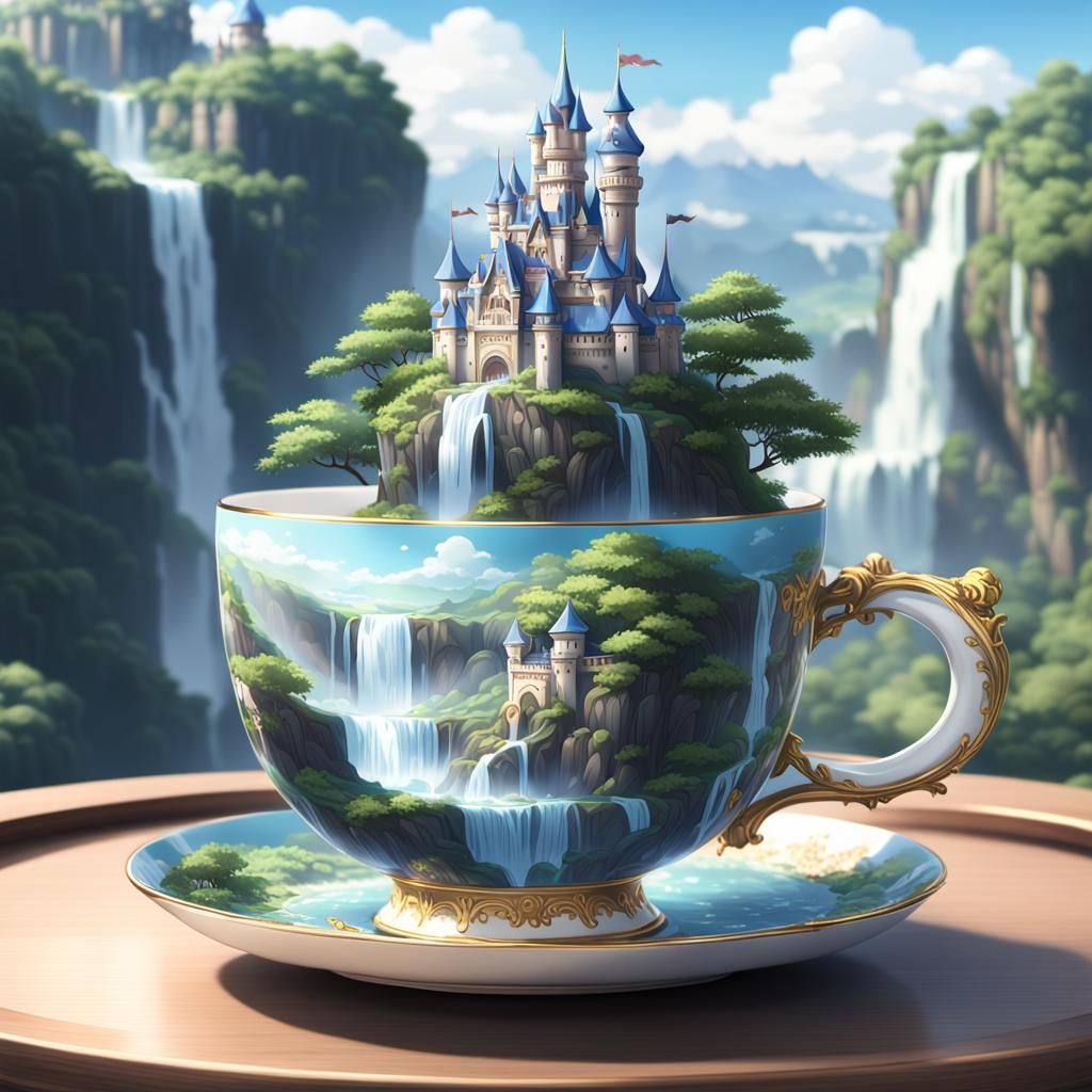 Surreal Castle Teacup Scene in Anime Style
