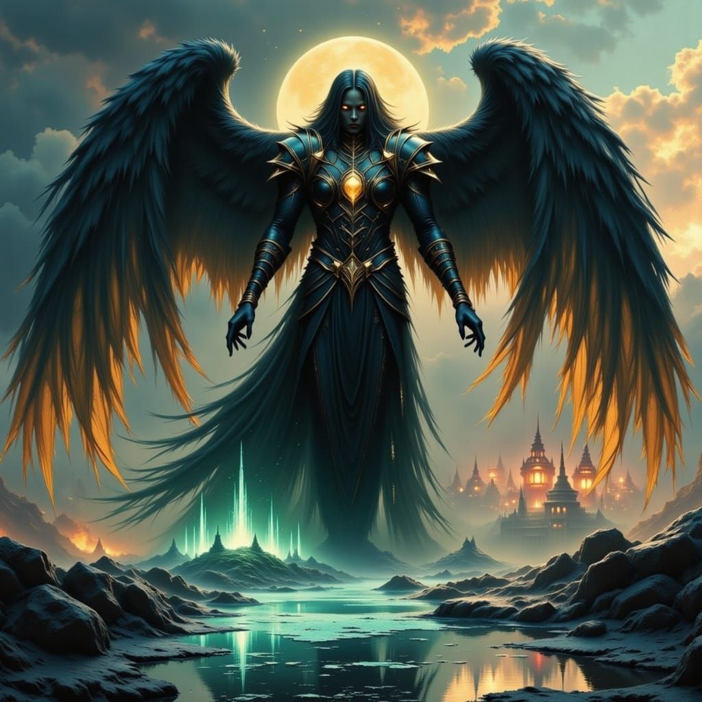 A colossal black angel warrior