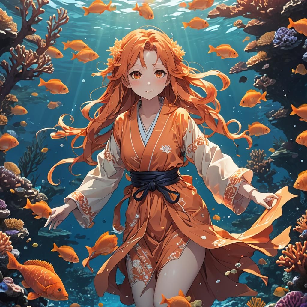 Anime Girl with Fish Tail in Coral Reef