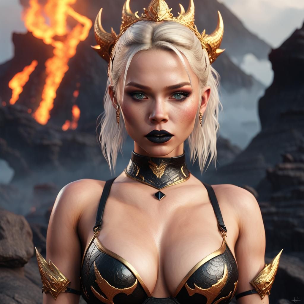 hyperealistic jordyn jones black lipstick and eyeliner big large chest wet body dragons tattoos in a gold transparent pu...