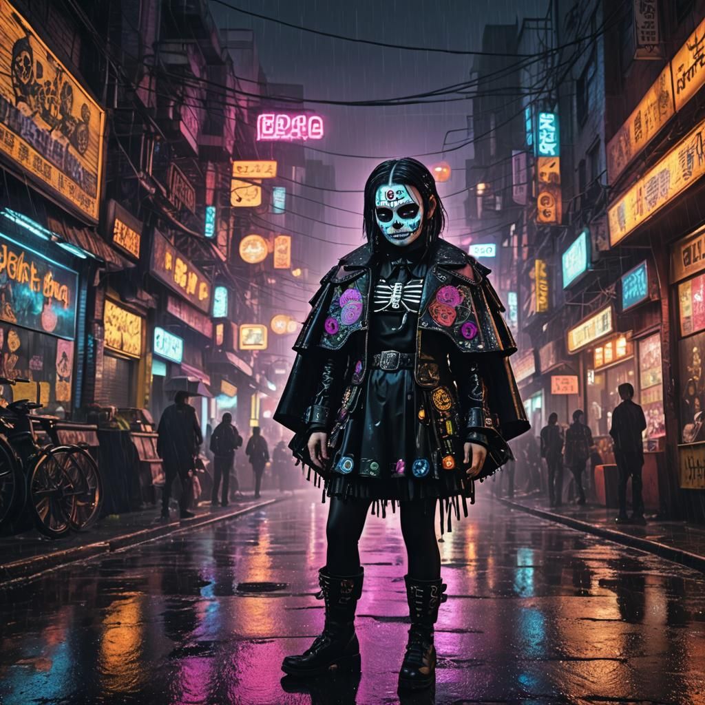 Wednesday Addams in Cyberpunk Dia de los Muertos Makeup