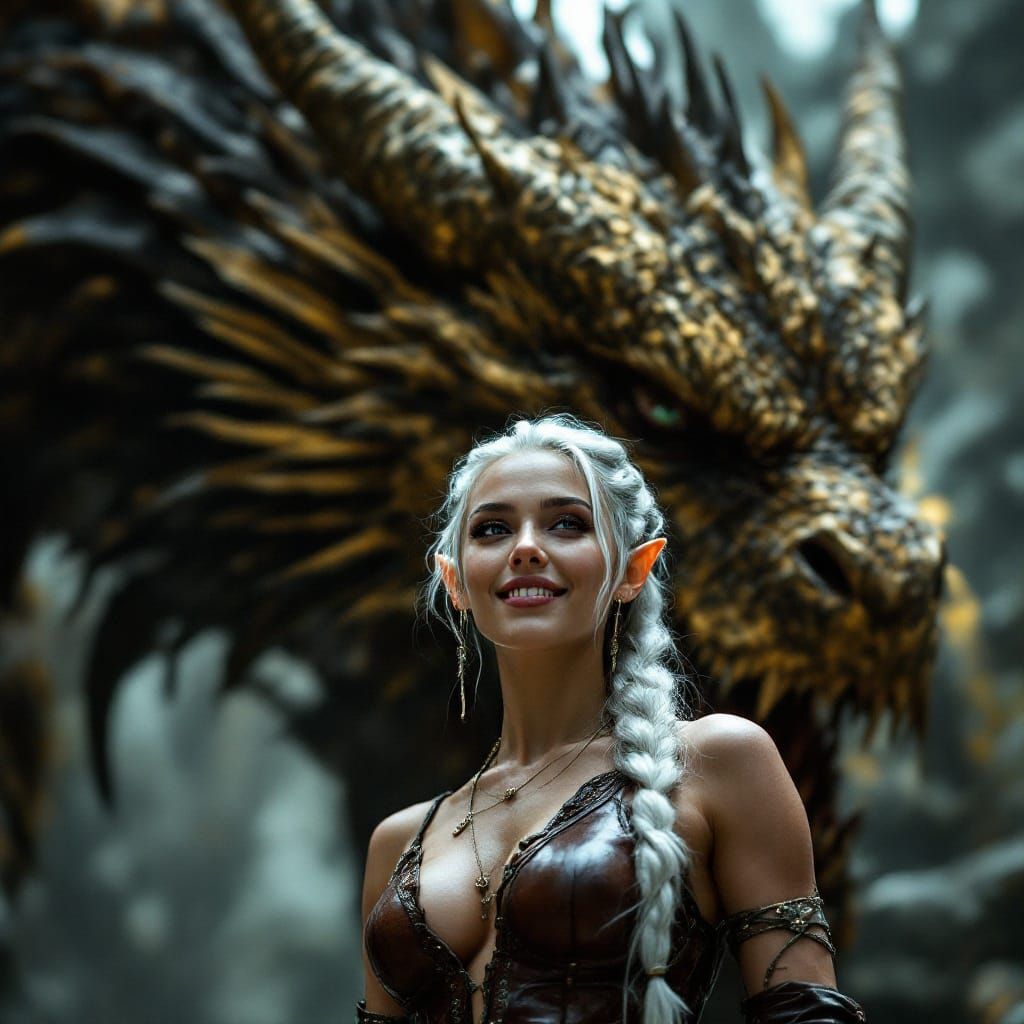 Ethereal Elf Maiden Confronts Majestic Golden Dragon in Cine...