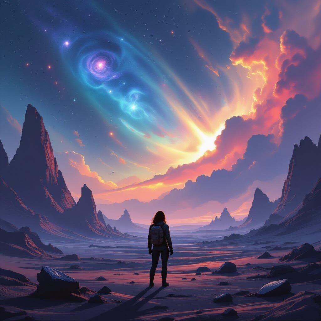 Lone Explorer on Alien Planet Under Cosmic Sky