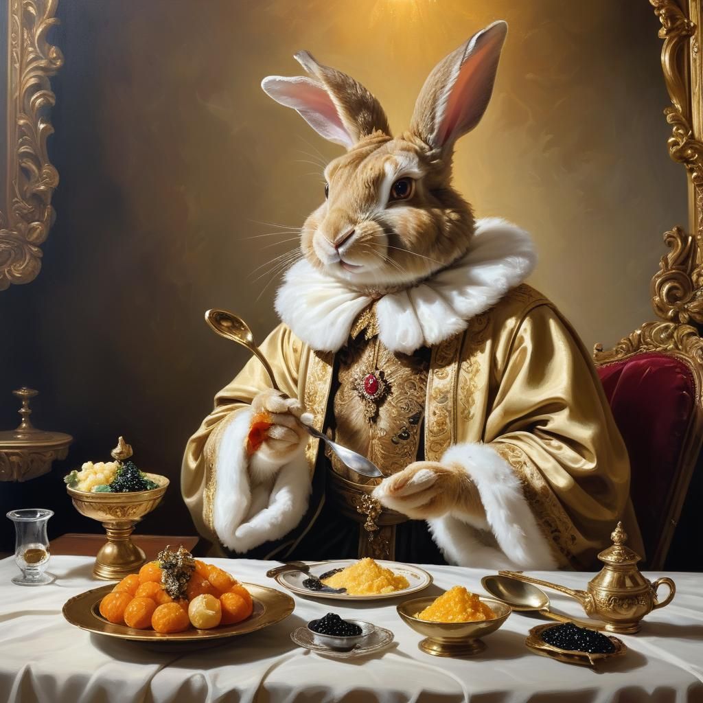 Rabbit Saint Eating Caviar as Baroque Oil Painting