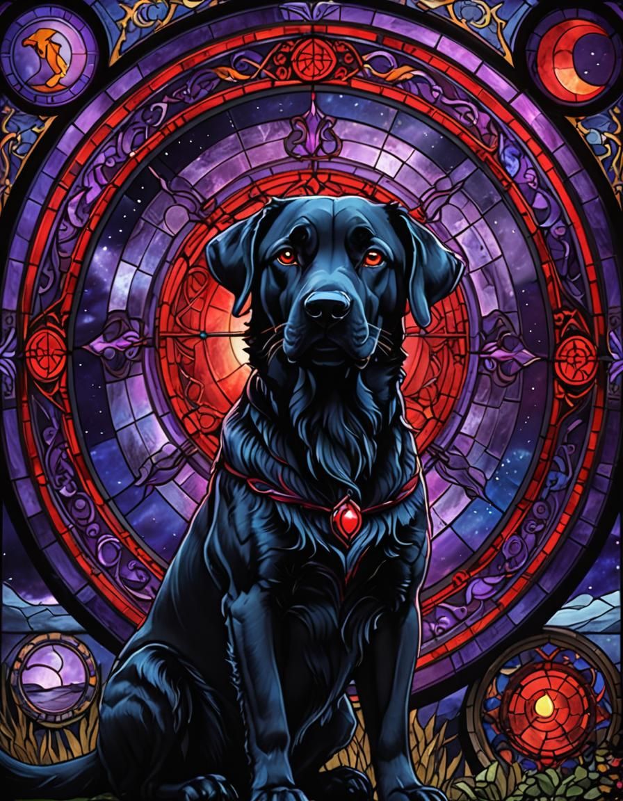 Stained Glass Black Dog with Red Eyes