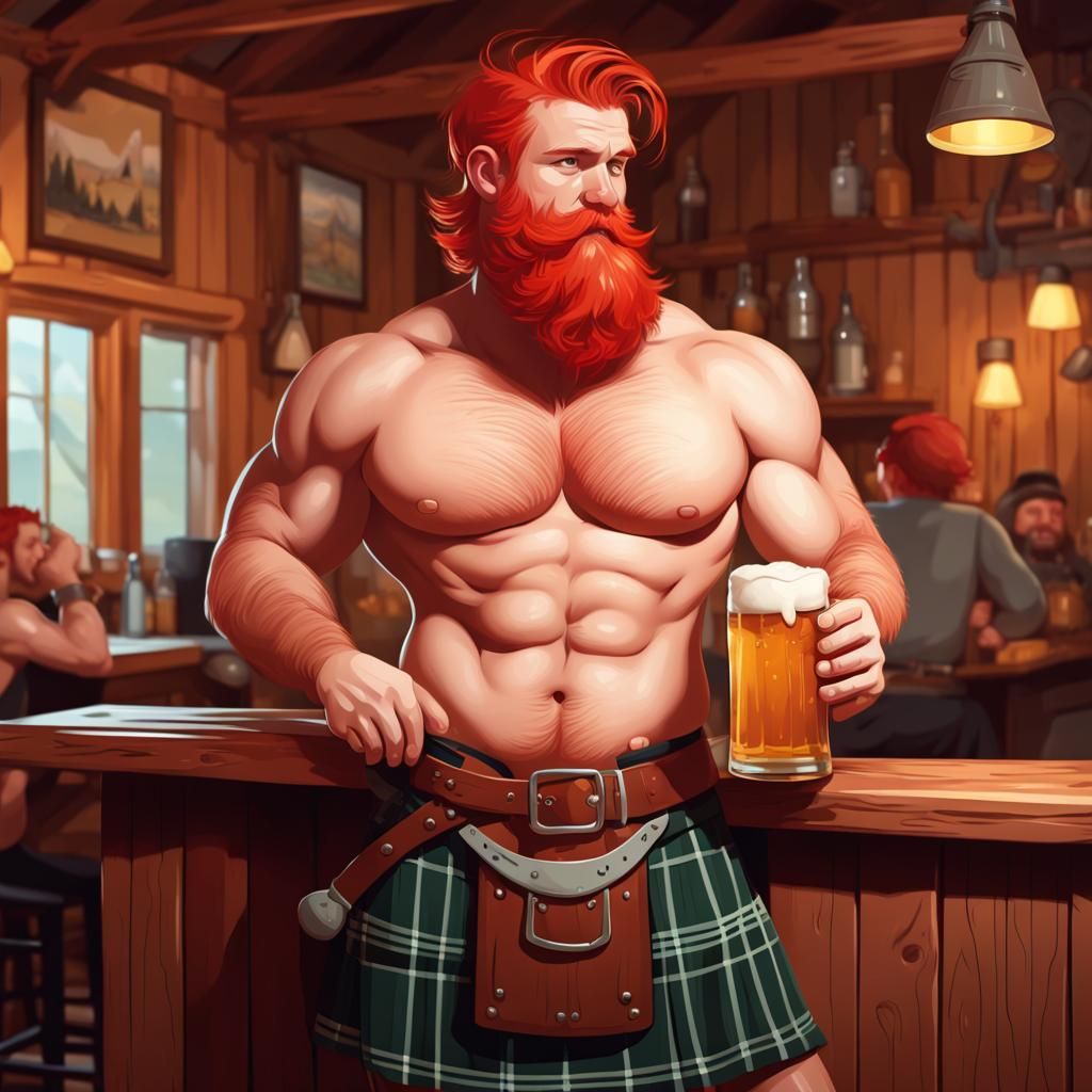Redhead Lumberjack in Kilt Drinking Beer in Tavern