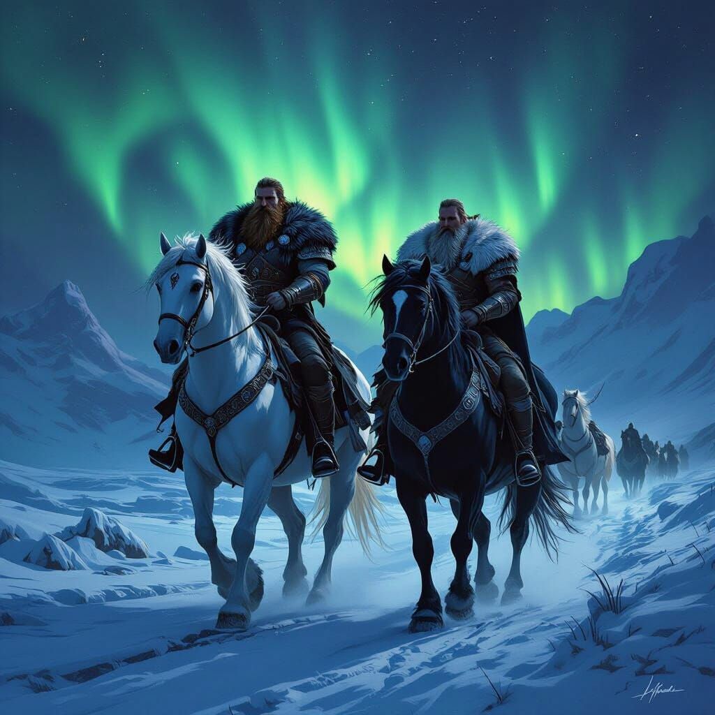 Nordic Warriors Charge Under Aurora Borealis