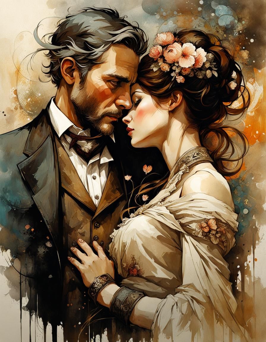 Romantic Couple in Hyperdetailed Art Nouveau Style