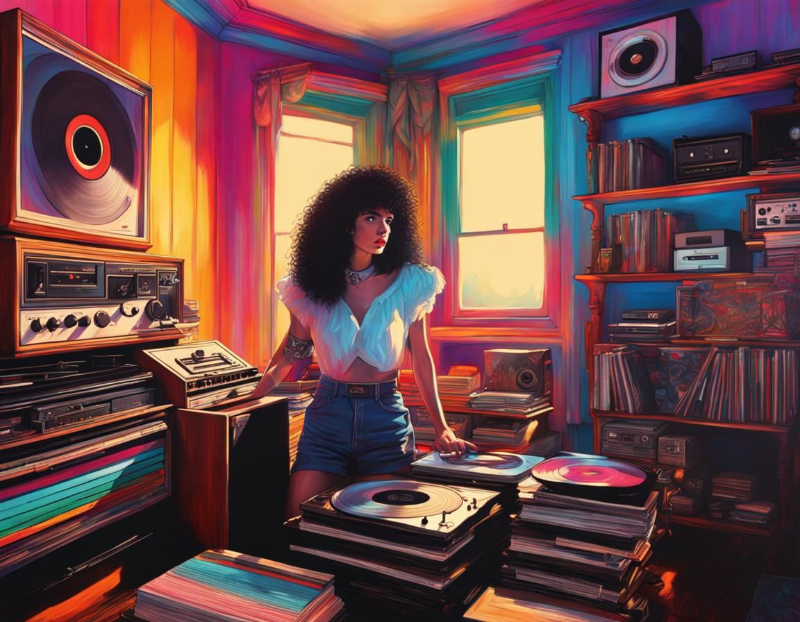 Colorful 1980s Girl with Albums and Record Player