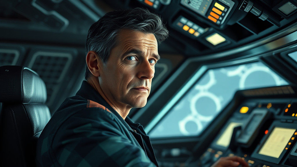 Rugged Spaceship Captain in Sci-Fi Cockpit