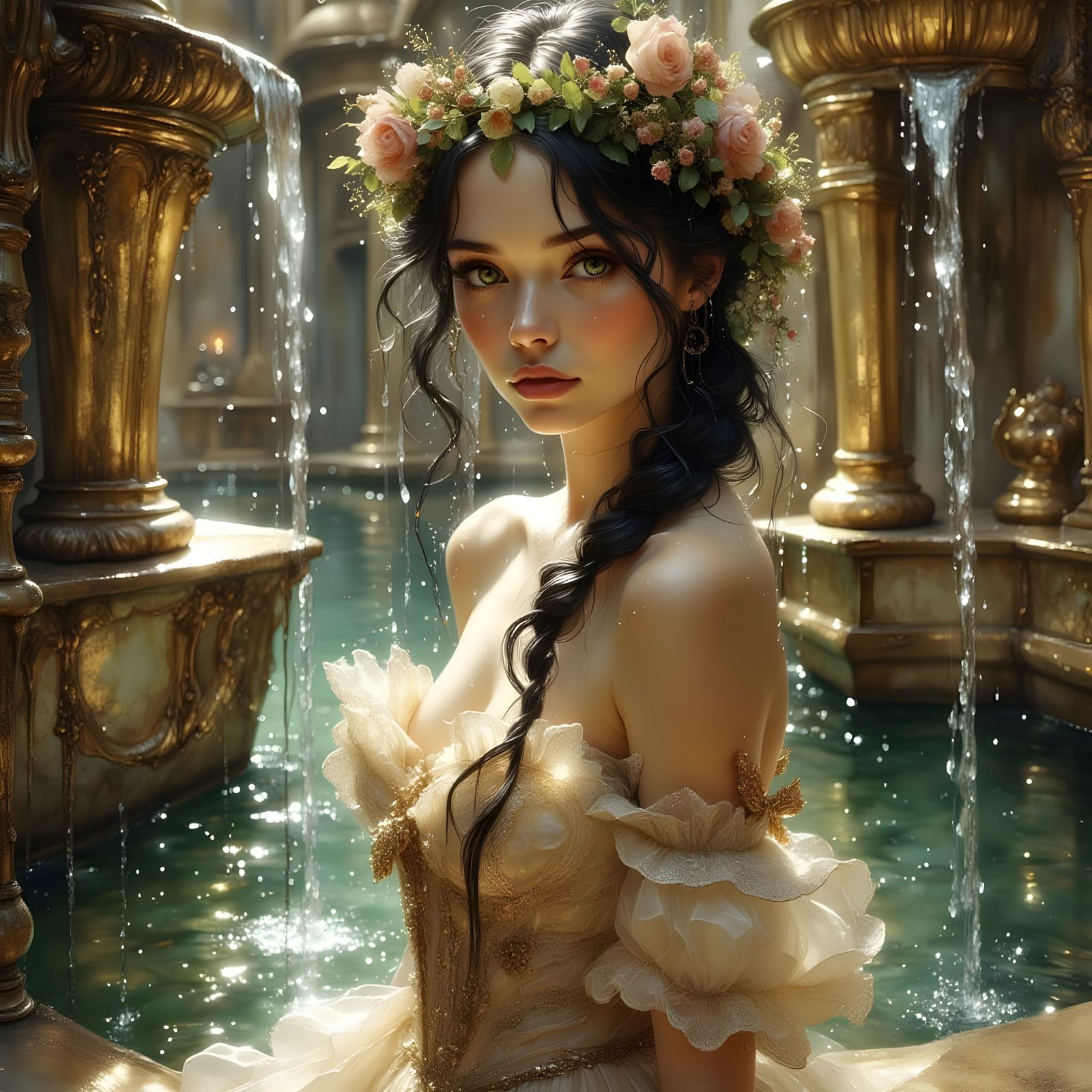 Baroque Fountain Portrait of Woman with Green Eyes