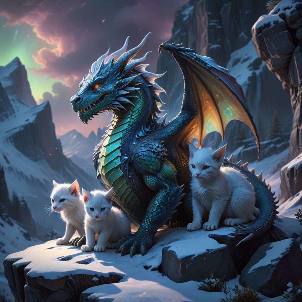 Dragon Cradling Kittens in Jugendstil Style