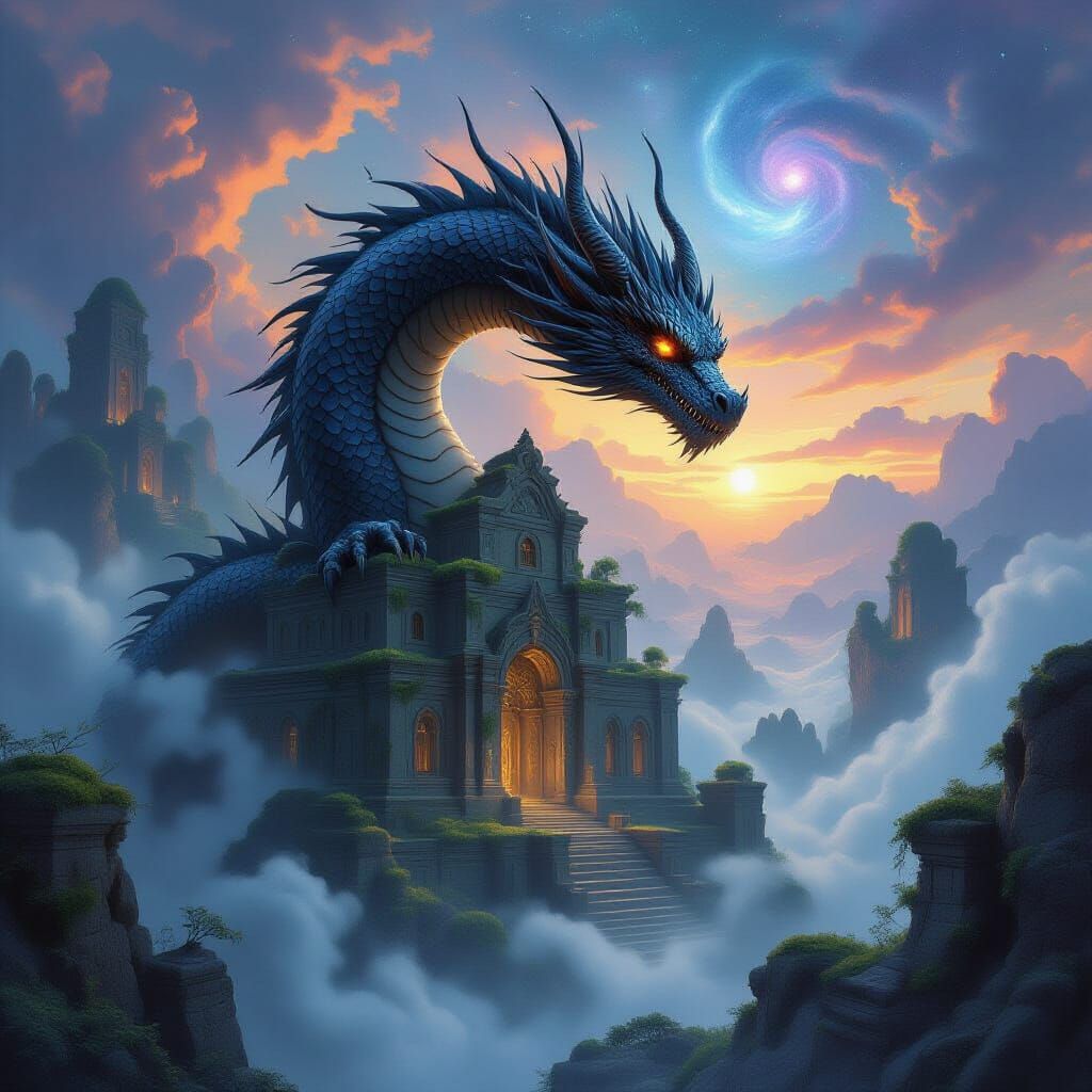 Ancient Dragon Coiled Around Mystical Temple on Floating Isl...