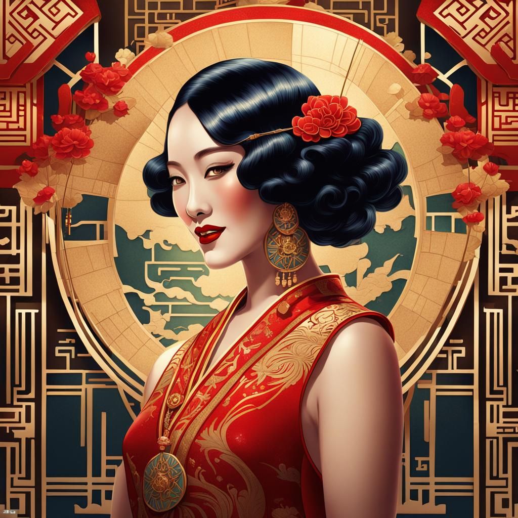 Art Deco Chinese Flapper Illustration in 1920s Style