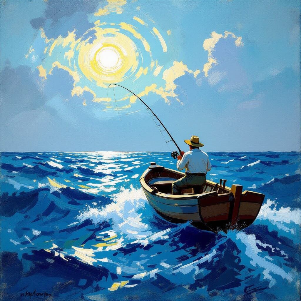 Fisherman Battles Giant Fish in Dramatic Seascapes