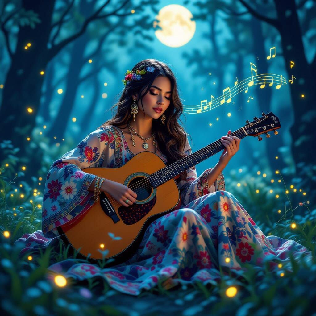 Floral Guitar in Moonlit Forest: Dreamy Surrealism