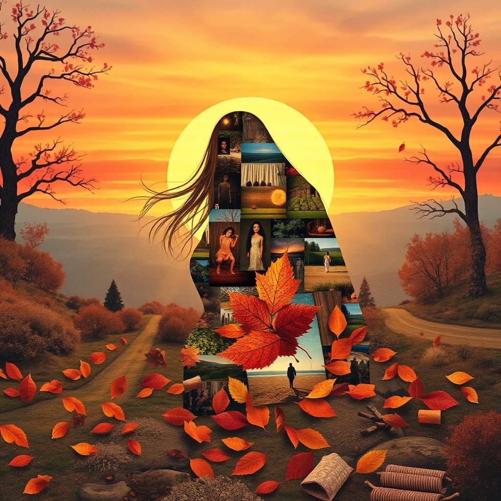 Woman and Autumn Leaves in Paper Collage Style