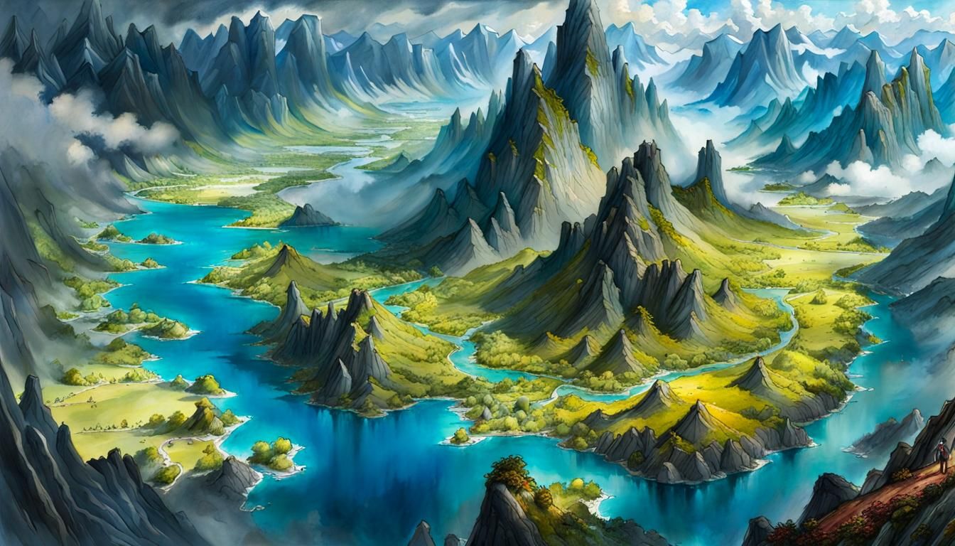 Epic Fantasy World: Topographical Watercolor Paper Map