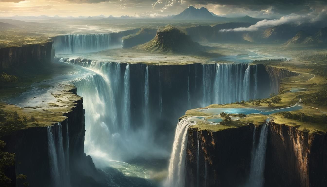 Flat Earth Concept Art with Infinite Waterfall