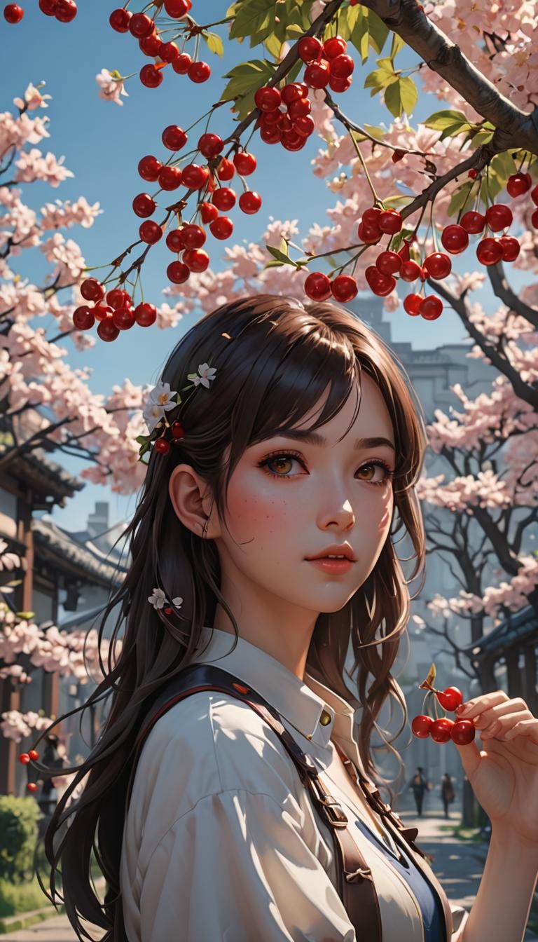 Brunette Woman with Cherry Branch in 3D Anime Art