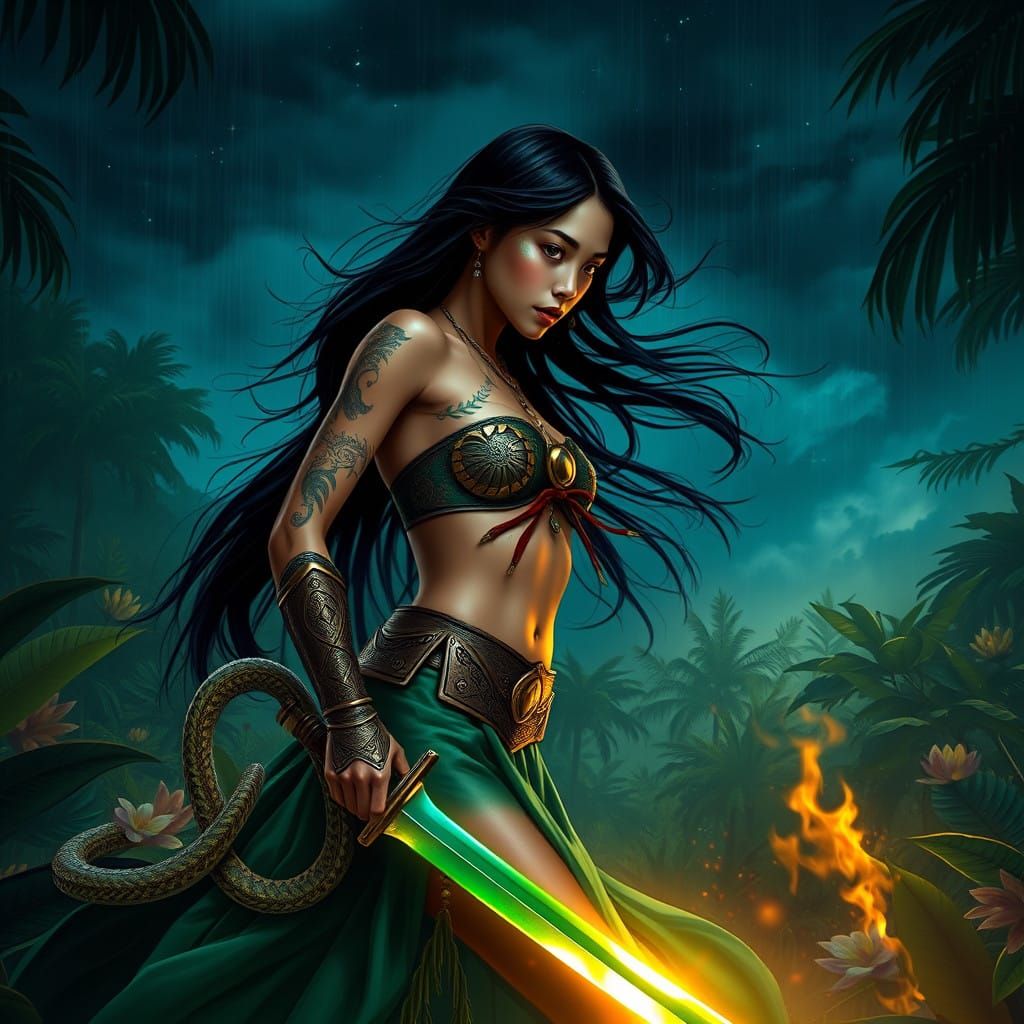 Amazonian Warrior Emerge from Jungle Under Stormy Sky