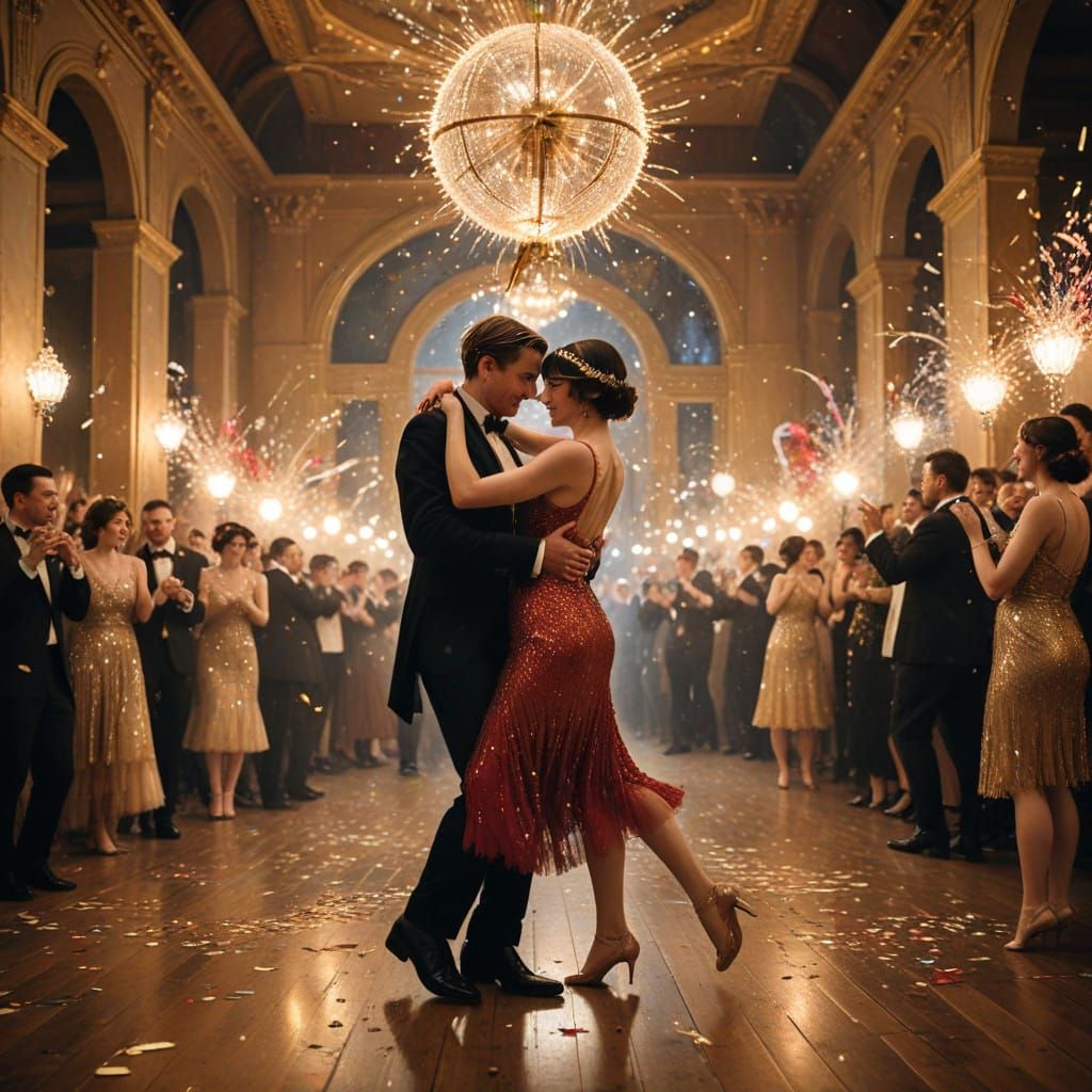 Dramatic Tango Dancers Amidst Whirlwind Flames at a Luxuriou...