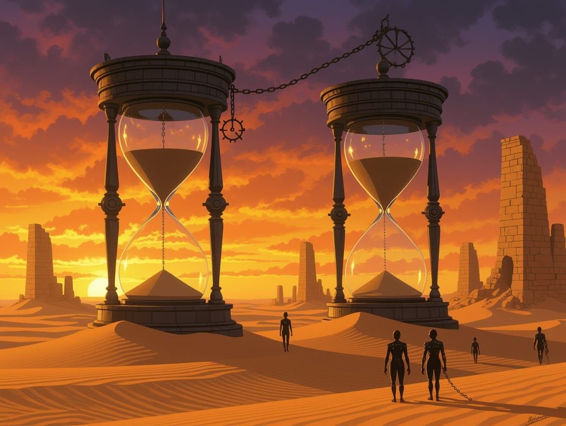 Apocalyptic Hourglass Ruins in Windswept Landscape