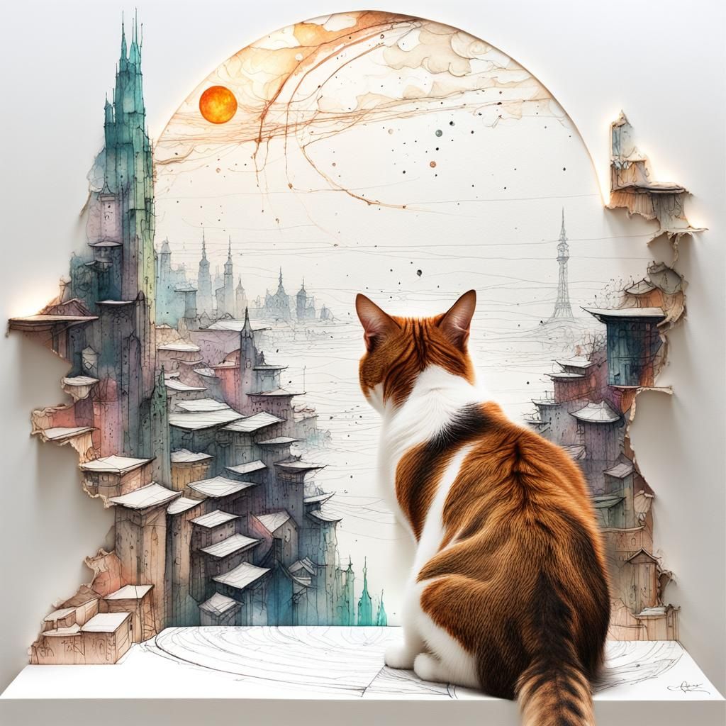 Festive Papercut Cat Overlooking Cityscape