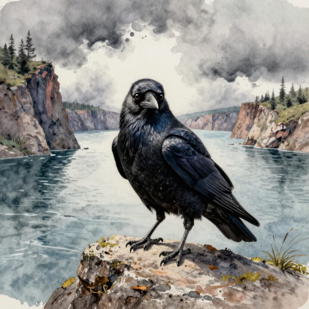 Tiny Raven Creature on Cliff Overlooking Stormy Lake