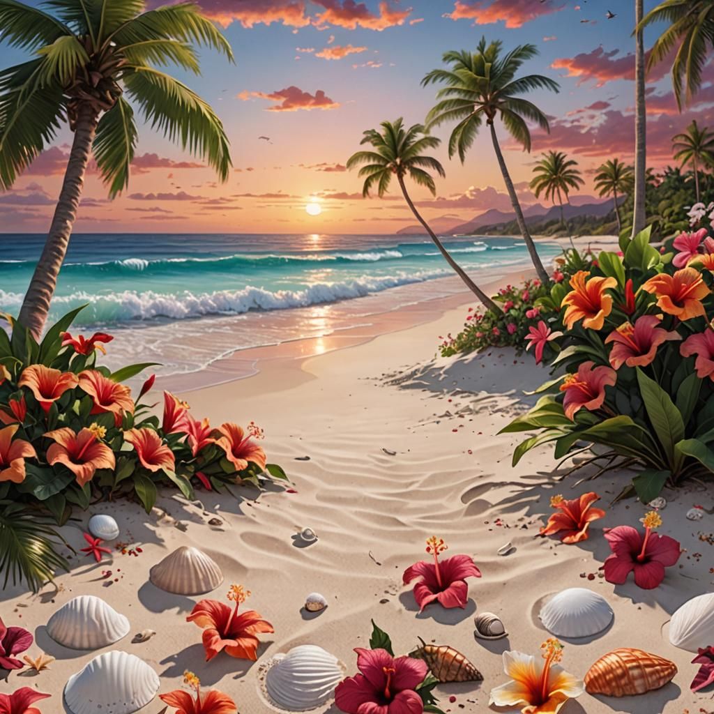 Hyperrealistic Beach Sunset with Palms and Shells