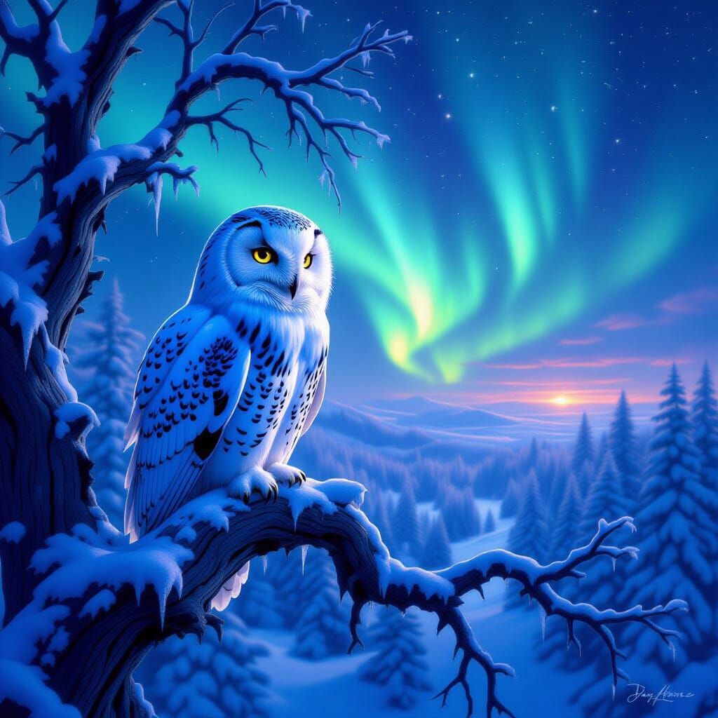Majestic Snow Owl in Aurora Lit Winter Forest