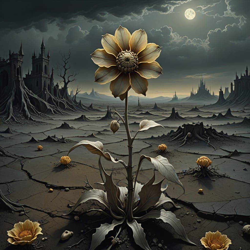 Surreal Bone Flower in Desolate Landscape