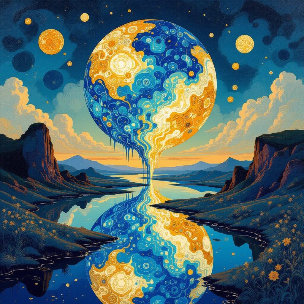 Surreal Melting Planets in Ornate Dystopian Landscape