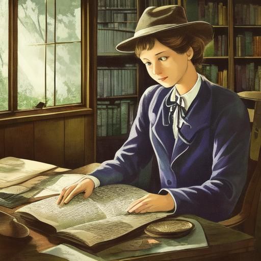 Cat Reads Newspaper in Cozy Library, Watercolor Style