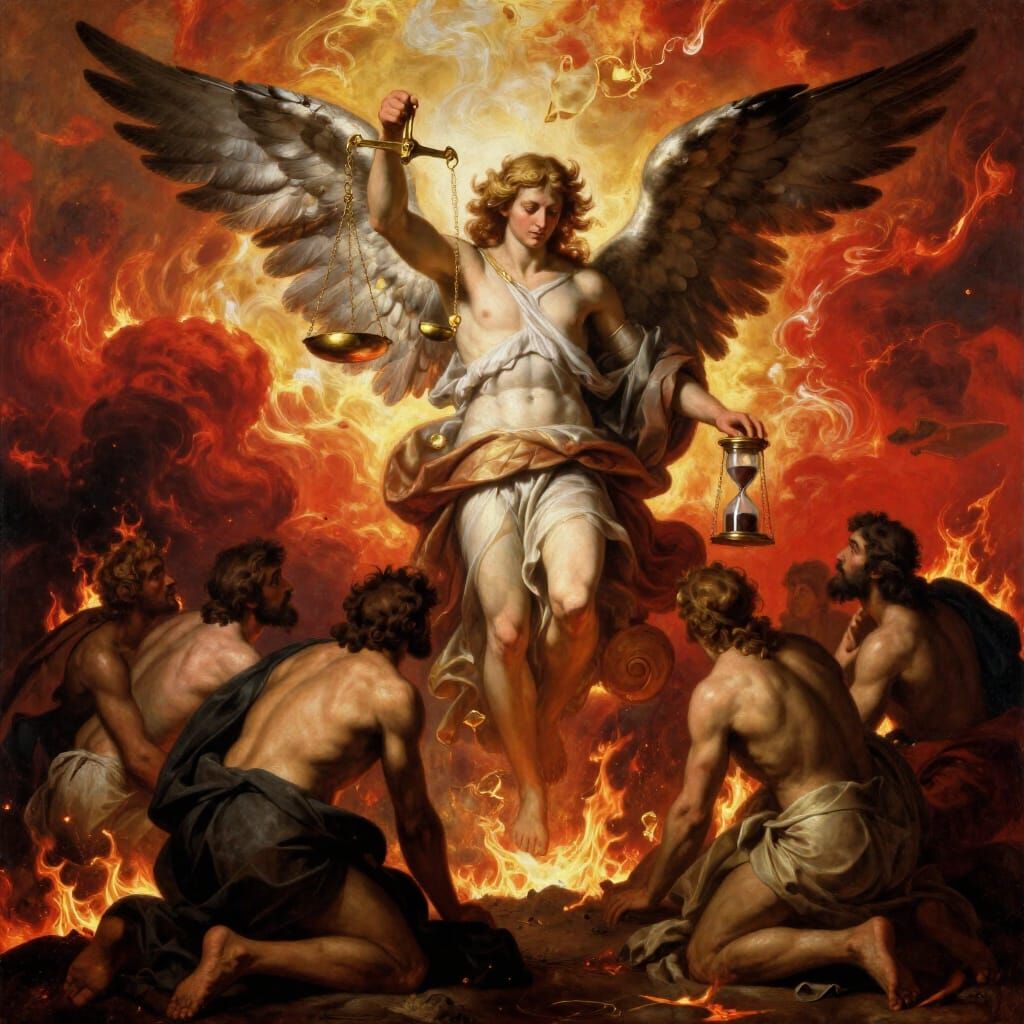 Angel Descends from Apocalyptic Sky with Scales