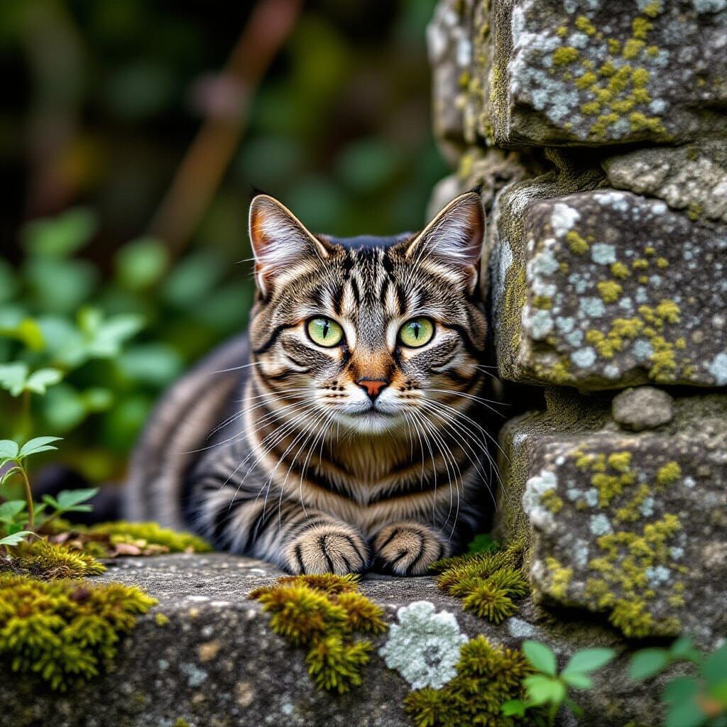 Curious Tabby Cat Peeks From Mossy Garden Wall