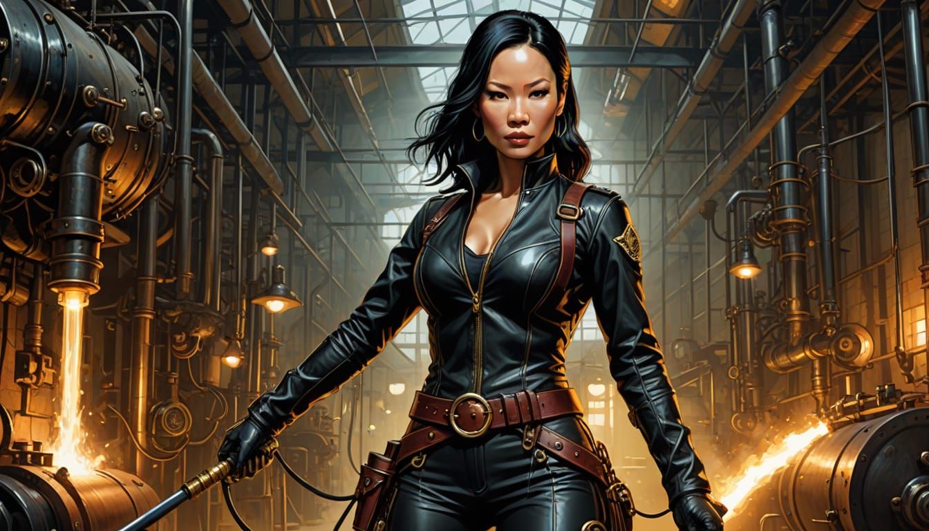 Steampunk Woman in Berlin Factory, Comic Book Art