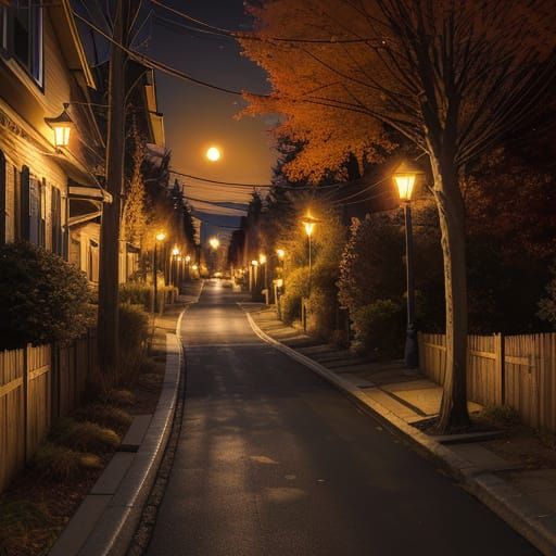 Serene Autumn Night Street Scene Under Moonlight