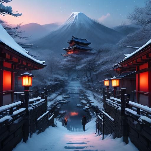 Anime Cat-Woman Ninja in Snowy Shrine, Dark Style