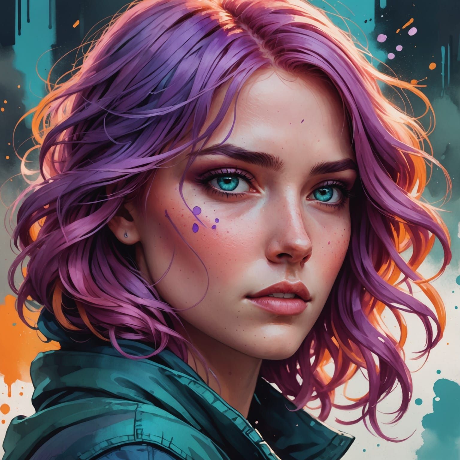 Pink Haired Woman With Violet Eyes Watercolor Concept Art