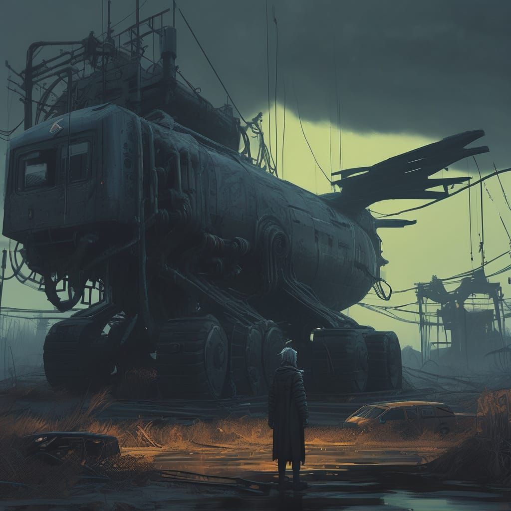 Biomechanical Maenad in Desolate Garden - Dark Fantasy Art