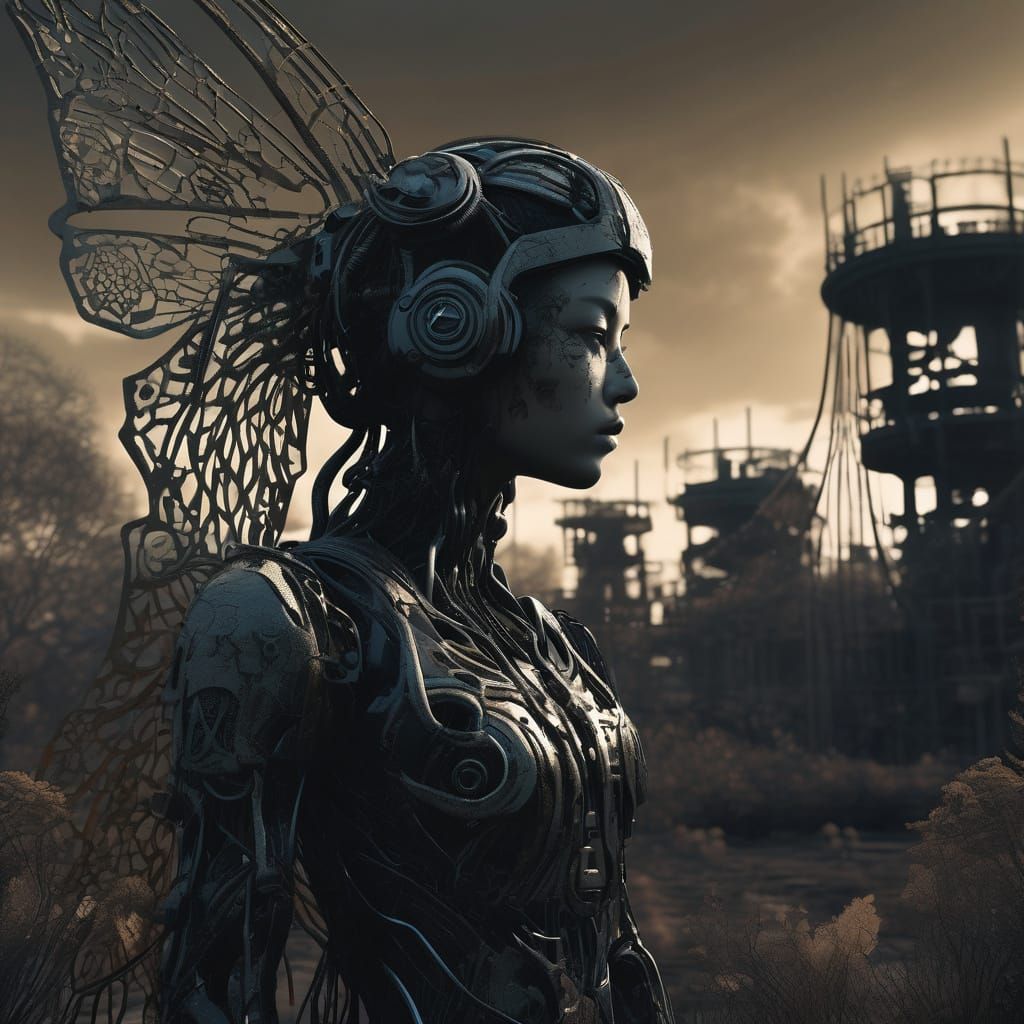 Biomechanical Maenad in Dark Fantasy Garden