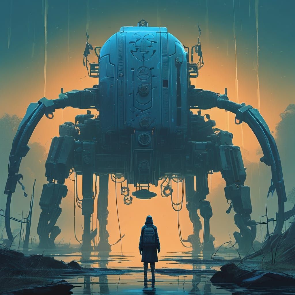 Biomechanical Figure in Ruined Garden: Dark Fantasy Art