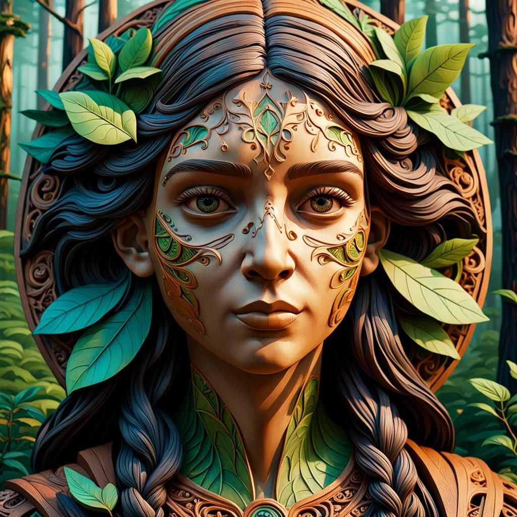 Hyperrealistic Woodcarving Portrait in Forest Setting